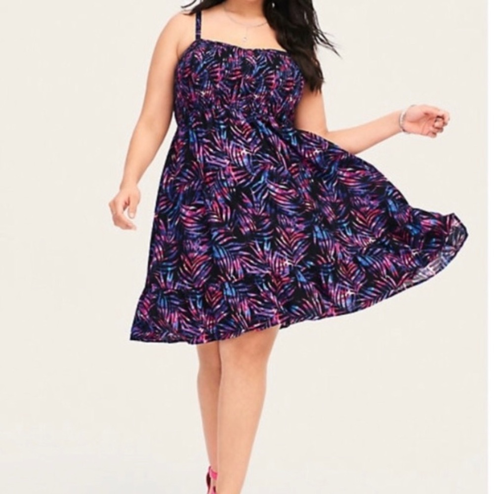 Torrid Smocked Pink and Purple Palm Leaf Dress Size 2